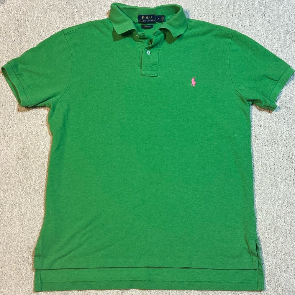 Polo Ralph Lauren Green Custom Fit Collar Polo Shirt Pink Pony Logo Mens Sz. Lg.